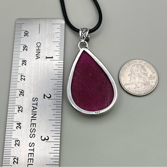 New Faceted Enhanced Ruby Stone Silver Overlay Pendant with Cord - Picture 4 of 5